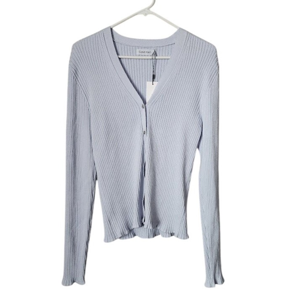 CALVIN‎ KLEIN Ribbed Knit Button Cardigan Periwinkle Blue NWT Size Large